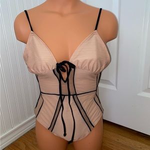 FOR LOVE and LEMONS SWIM - NEW - 1 Pc SWIMSUIT - NUDE w/BLACK & TIES - Medium